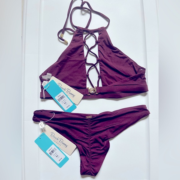Beach Bunny Bikini (Reese) High Neck top and (Angela) Skimpy bottoms! PLUM - M - Picture 2 of 3